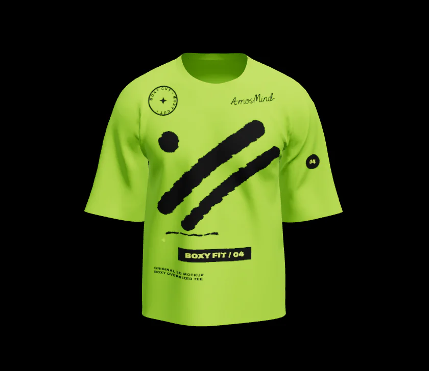 Boxy oversized T-shirt mockup in neon lime with black brush-stroke AmosMind artwork