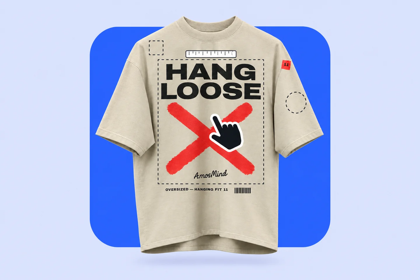 A beige oversized T-shirt with dashed print areas on the center chest, the left chest and a sleeve, and a ruler along the chest print