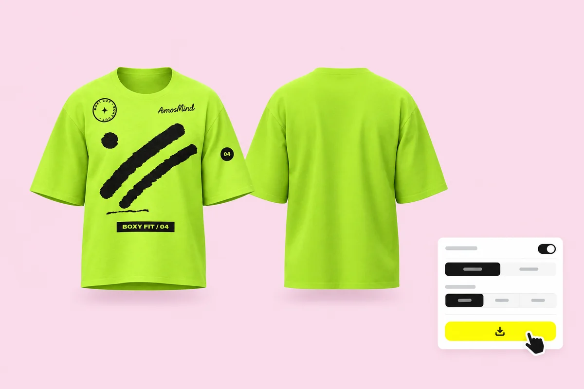 Front and back renders of the neon lime boxy oversized T-shirt with the export settings