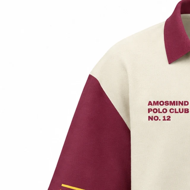 The dropped shoulder seam of the oversized polo shirt, where its burgundy sleeve meets the cream body