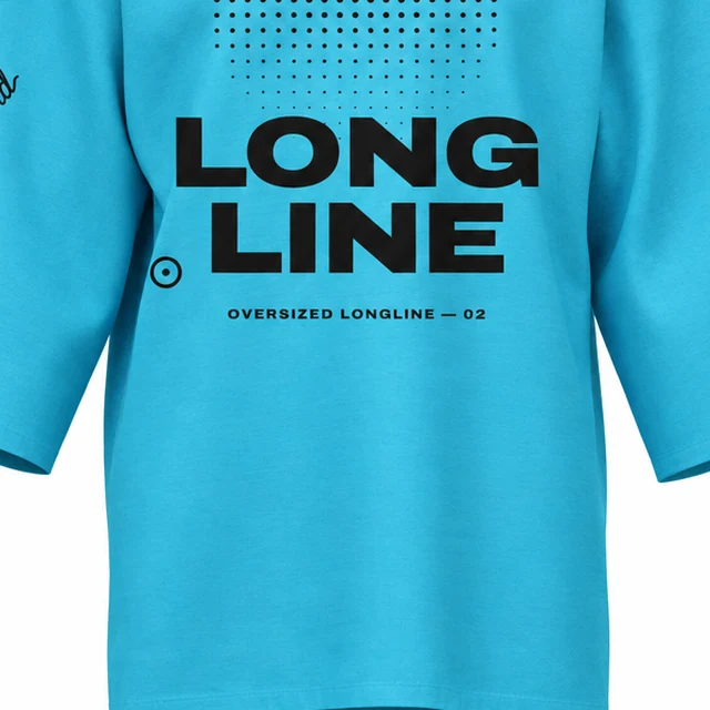 The long body of the cyan oversized longline T-shirt with its LONG LINE print