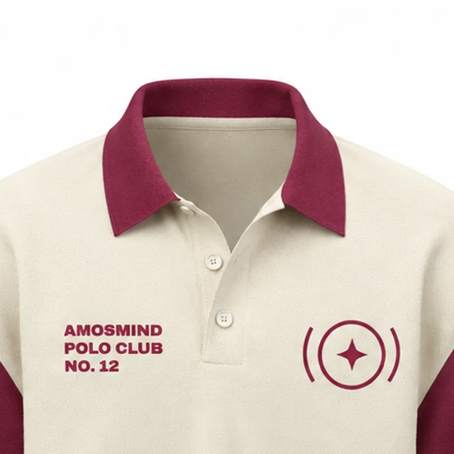 The burgundy collar and buttoned placket of the oversized polo shirt