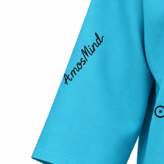 The wide half sleeve of the cyan oversized longline T-shirt with an AmosMind script print