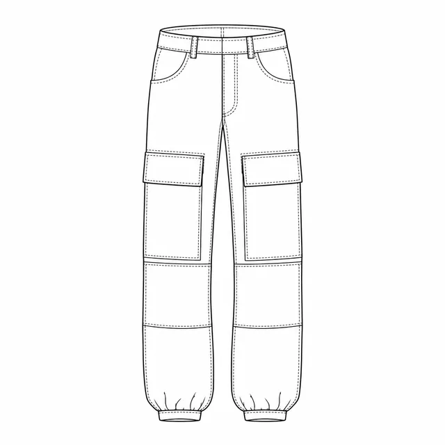 Technical drawing of paneled cargo pants