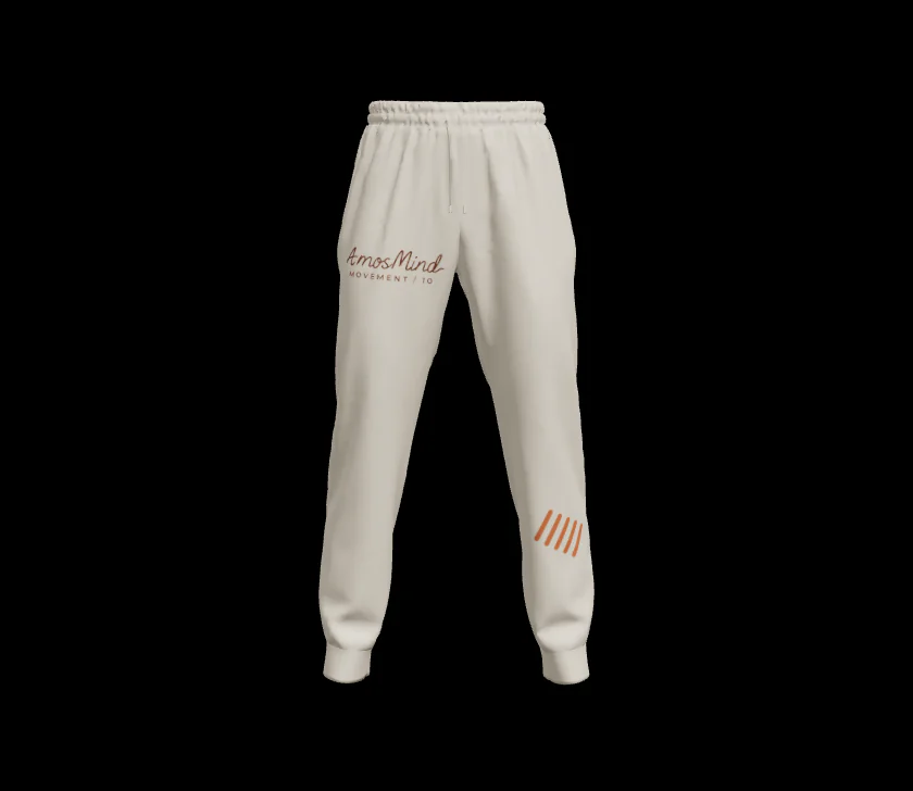 Beige cuffed sweatpants mockup with AmosMind artwork