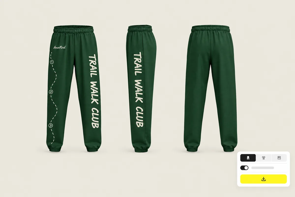 Front, side and back renders of the same joggers