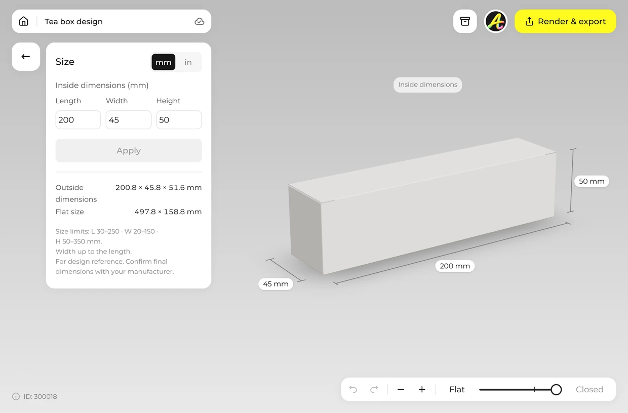 Size panel of the 3D editor with a long box, 200 × 45 × 50 mm