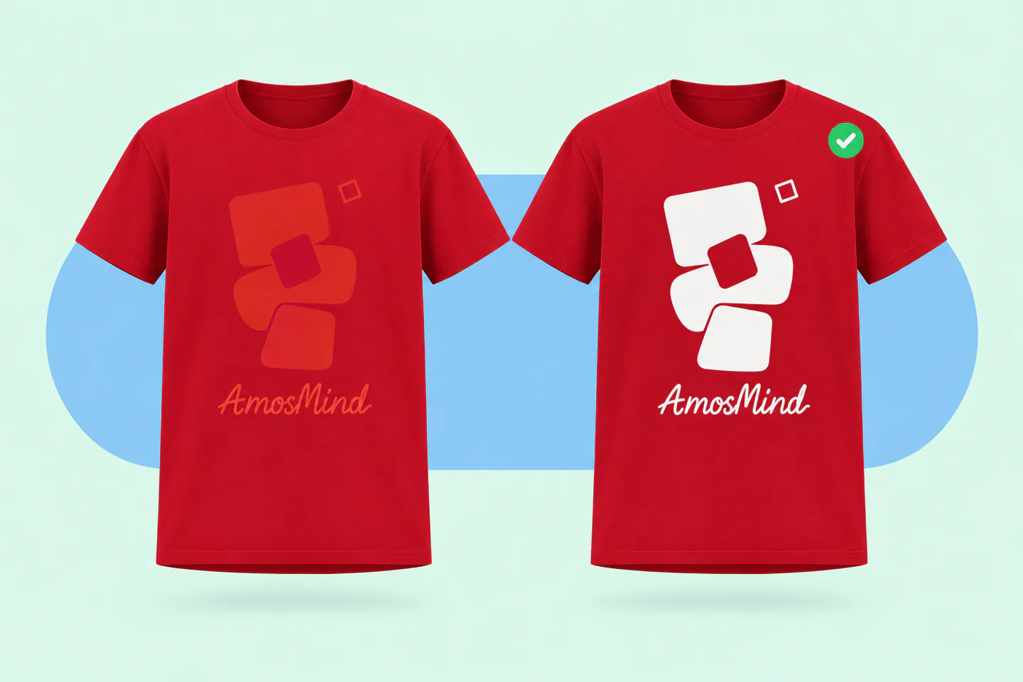 The same artwork on two red T-shirts: red shades that blend into the fabric and white that stands out