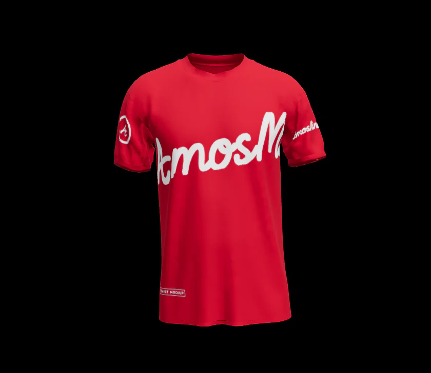 Red classic crew-neck T-shirt mockup with a large white AmosMind script print