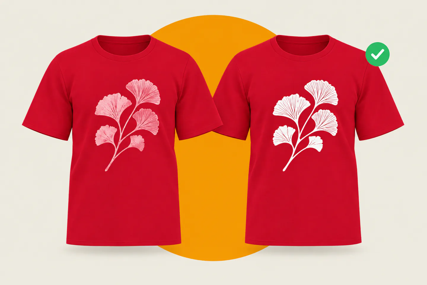 Dye migration on red T-shirts: a white ginkgo print turned pink next to one that stays white