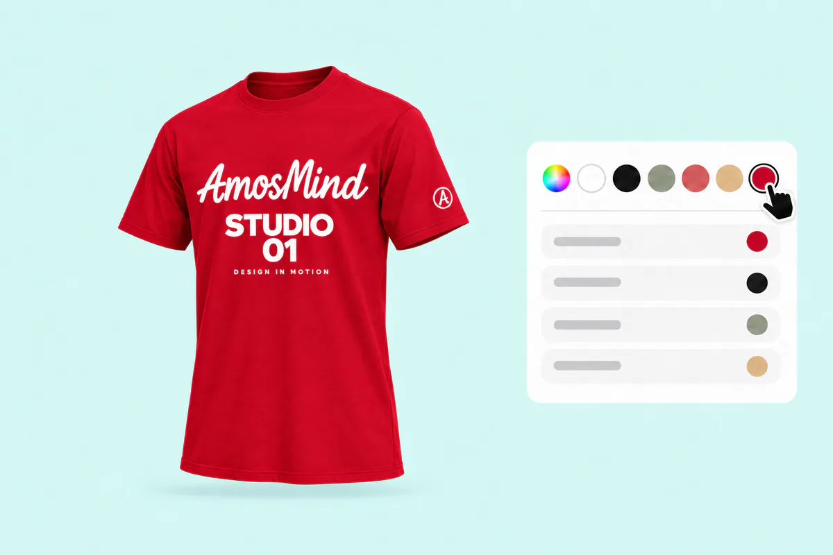 The red T-shirt with its artwork beside the garment color panel