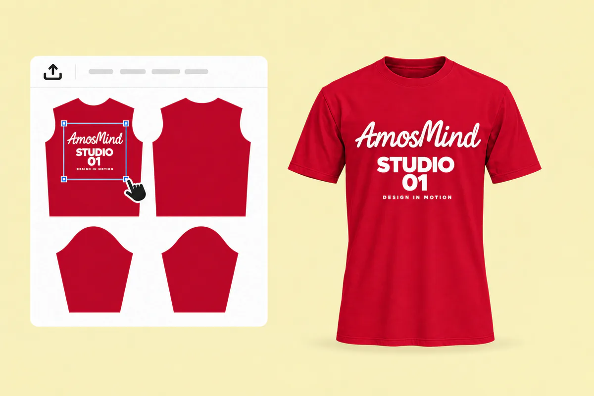 Placing white AmosMind artwork on the front piece of the red T-shirt