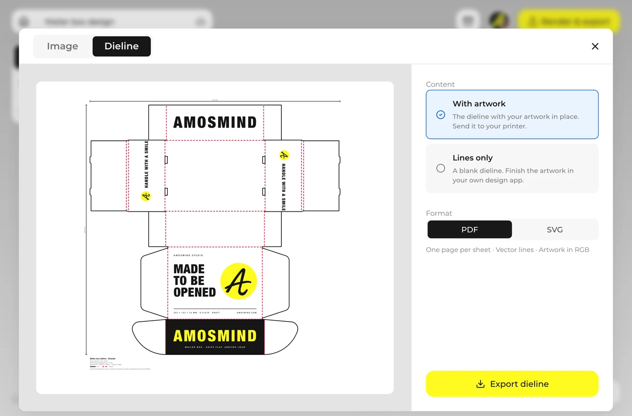 Export the image and the dieline: mailer box in the 3D editor