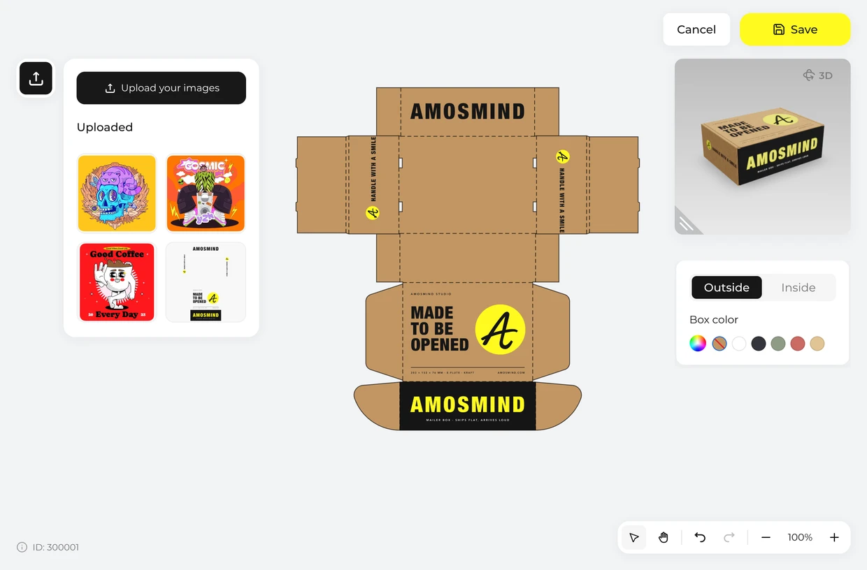 Place your artwork on the dieline: mailer box in the 3D editor