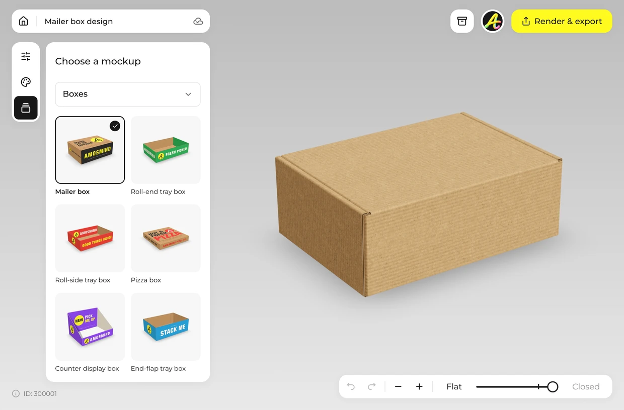 Mailer box chosen from the mockup list of the 3D editor