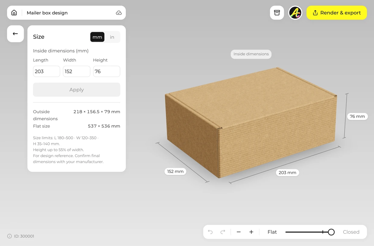 Set your size: mailer box in the 3D editor