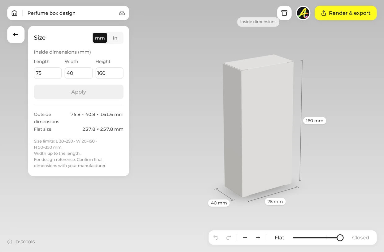 Set your size: perfume box in the 3D editor