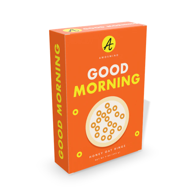 Cereal box mockup with AmosMind artwork