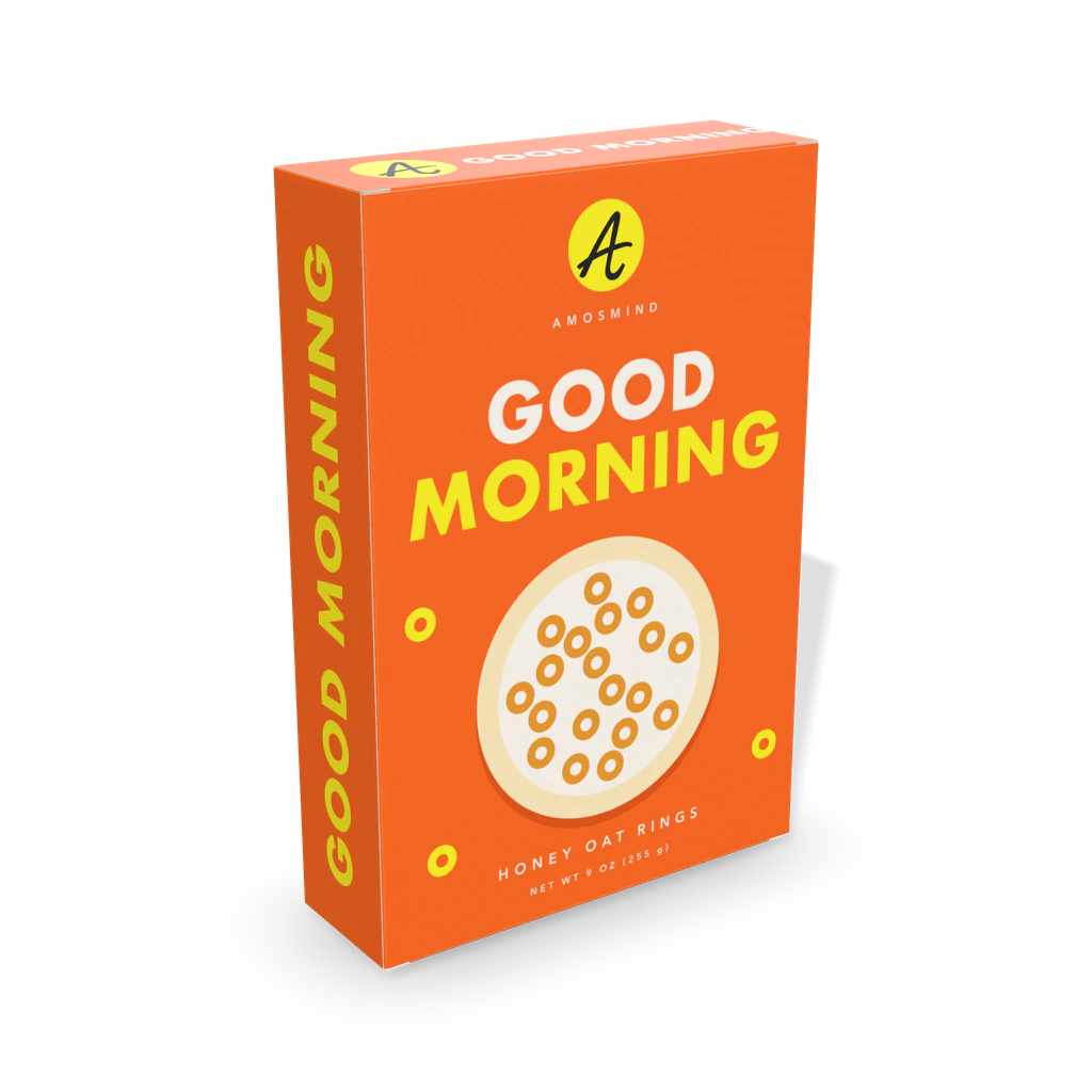 Cereal box mockup with AmosMind artwork