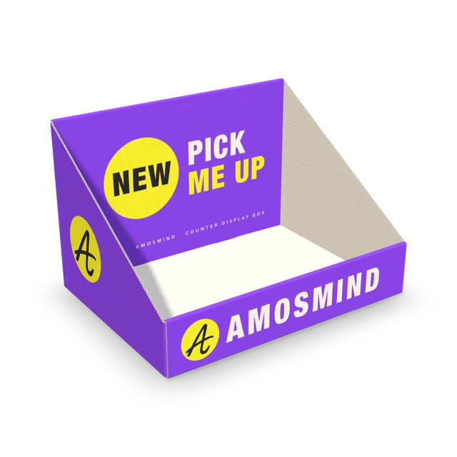 Counter display box mockup with AmosMind artwork