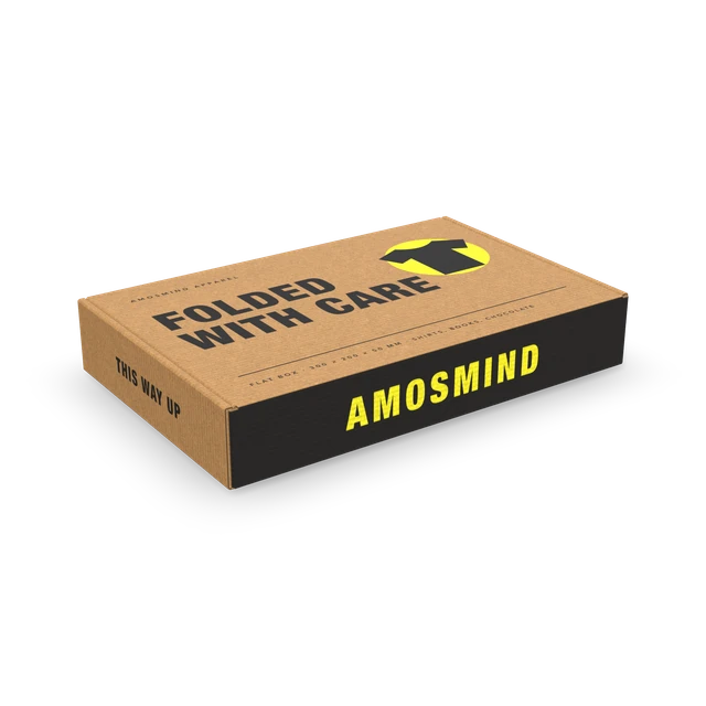 Flat box mockup with AmosMind artwork
