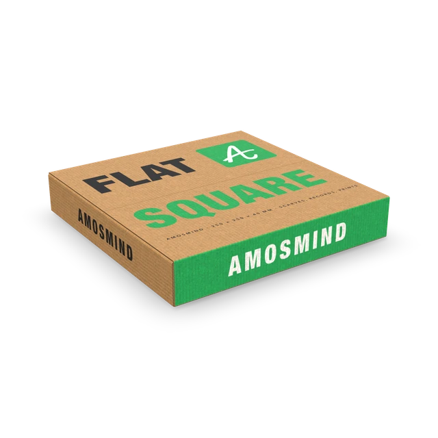 Flat square box mockup with AmosMind artwork