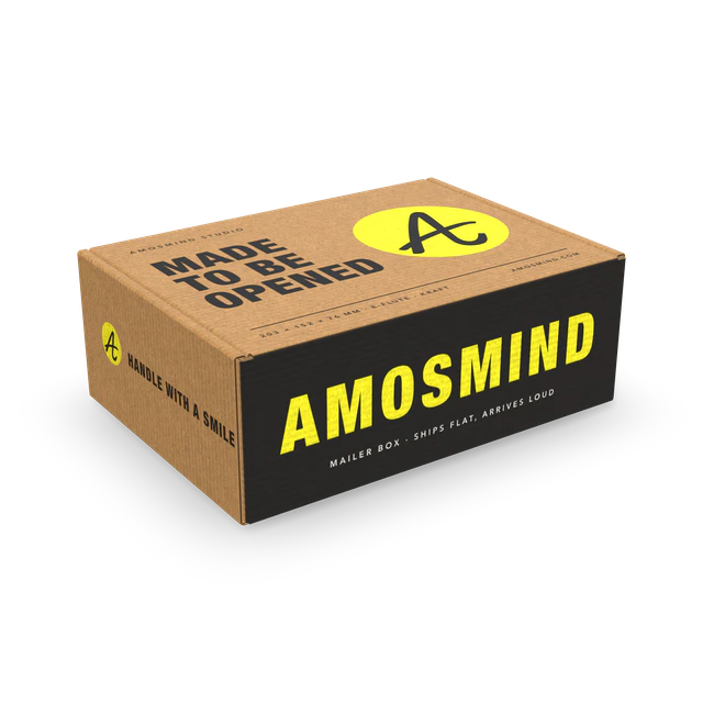 Mailer box mockup with AmosMind artwork