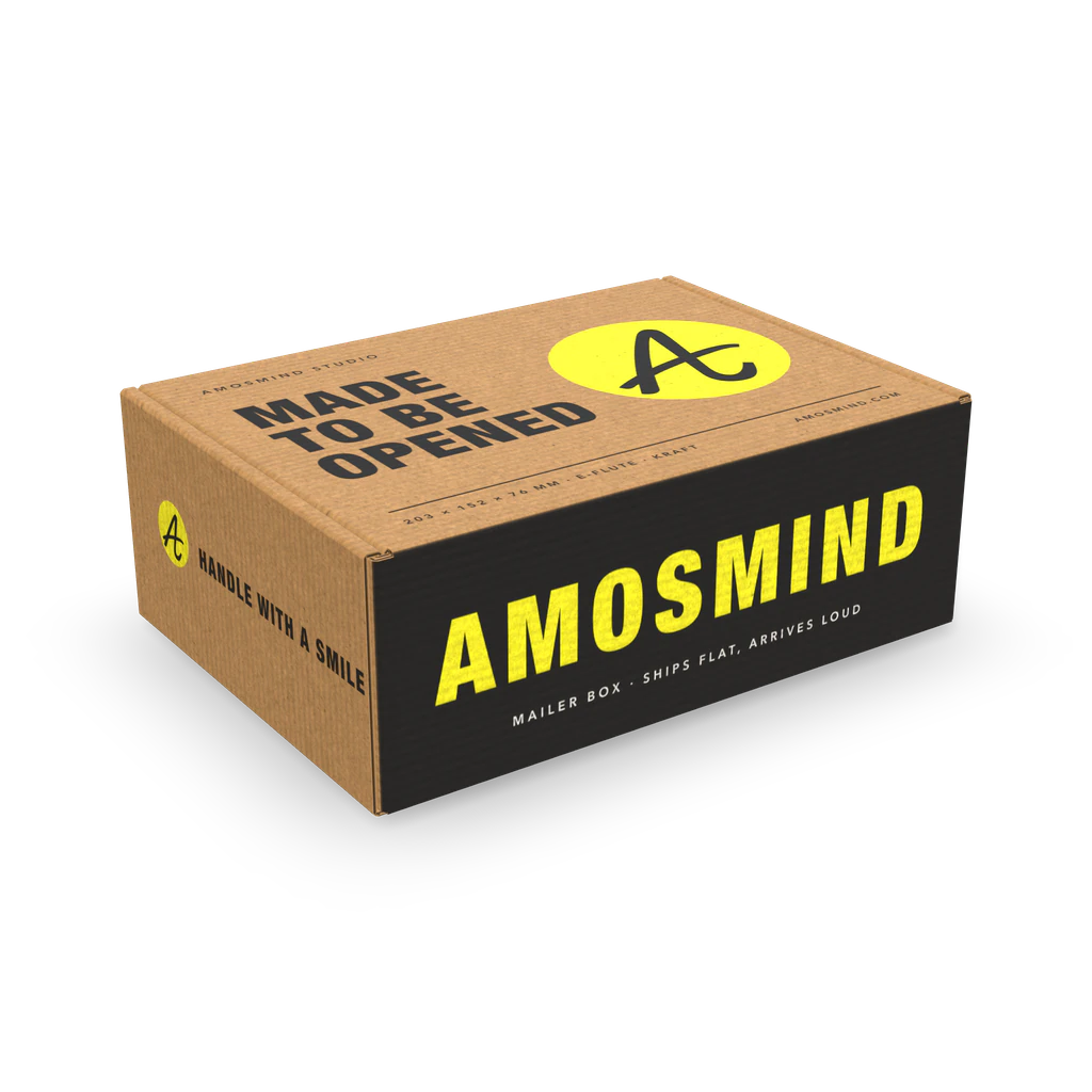 Mailer box mockup with AmosMind artwork