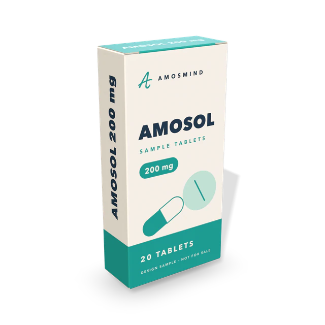Medicine box mockup with AmosMind artwork