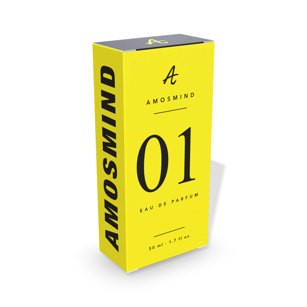 Perfume box mockup with AmosMind artwork