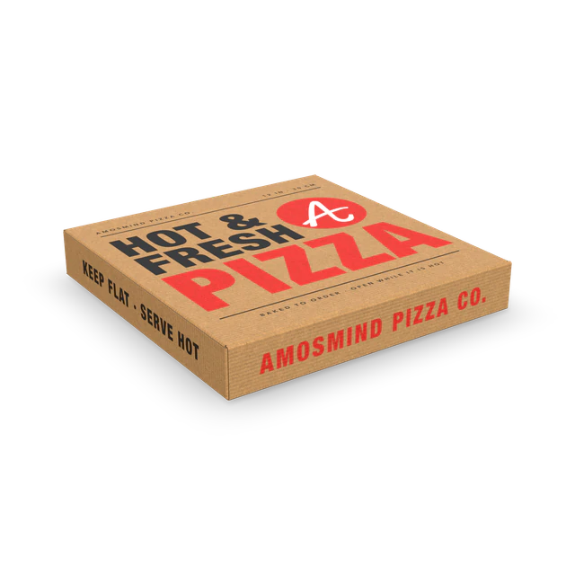 Pizza box mockup with AmosMind artwork