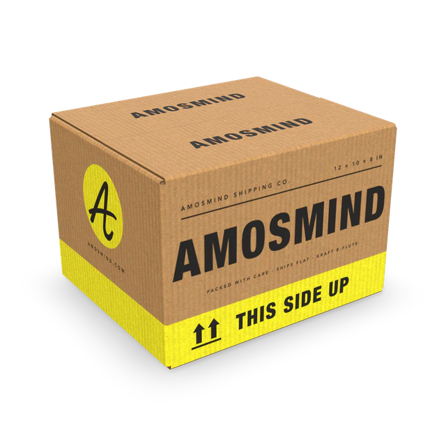 Shipping box mockup with AmosMind artwork