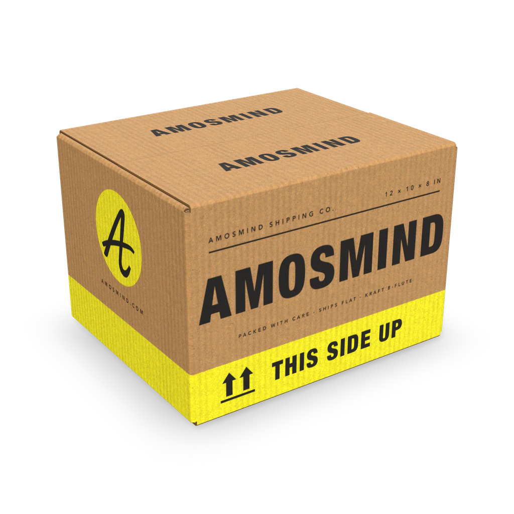 Shipping box mockup with AmosMind artwork