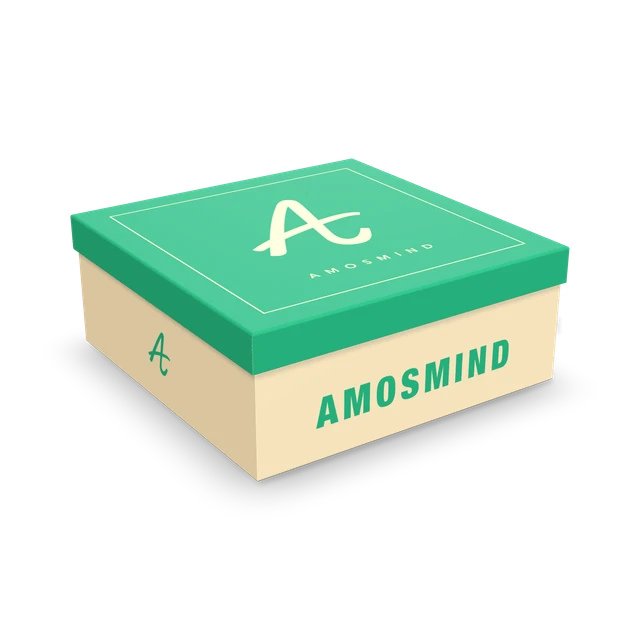Square rigid box mockup with AmosMind artwork