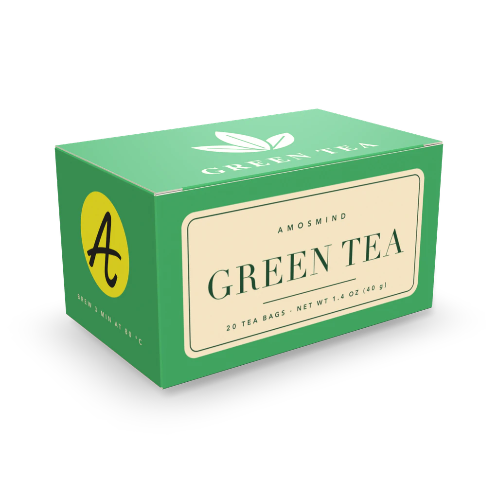 Tea box mockup with AmosMind artwork