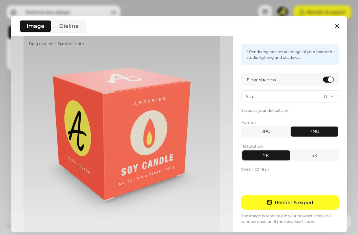 Render and export dialog with a cube box
