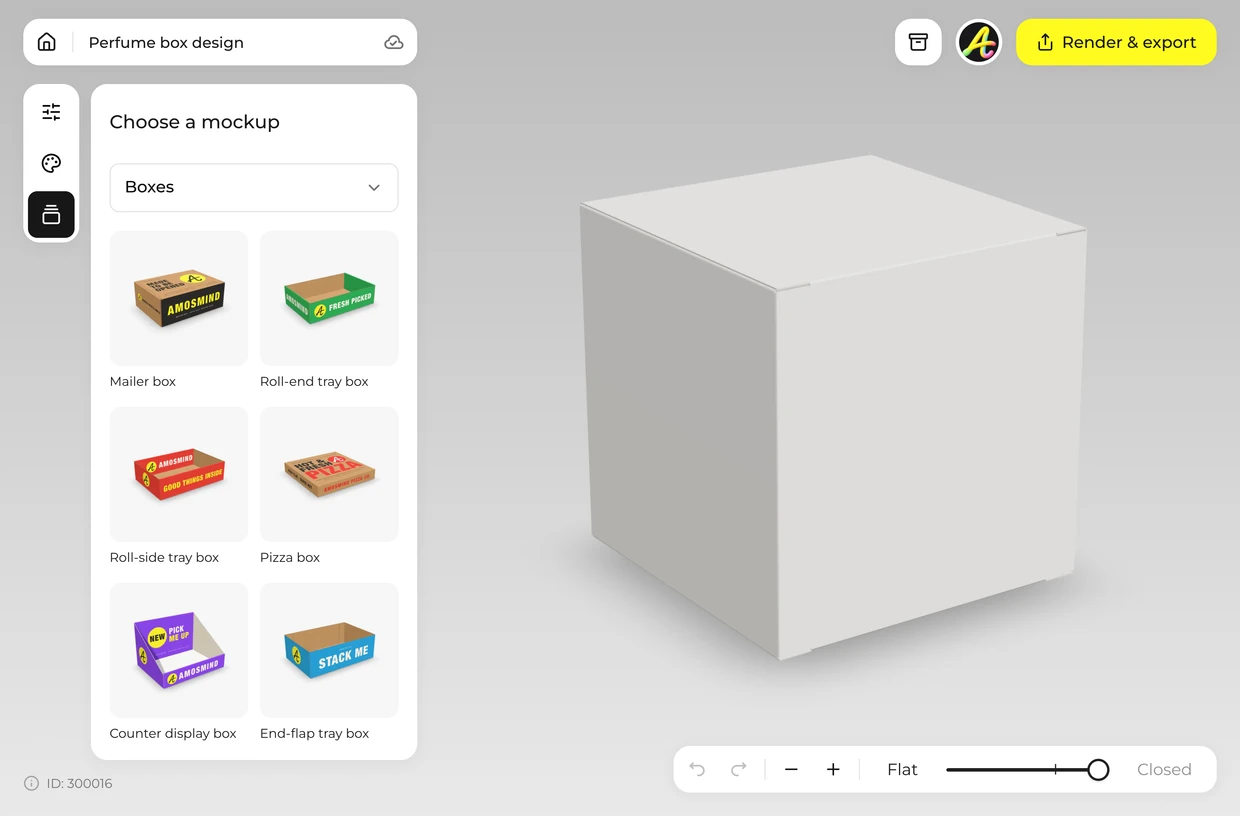 Cube box chosen from the mockup list of the 3D editor