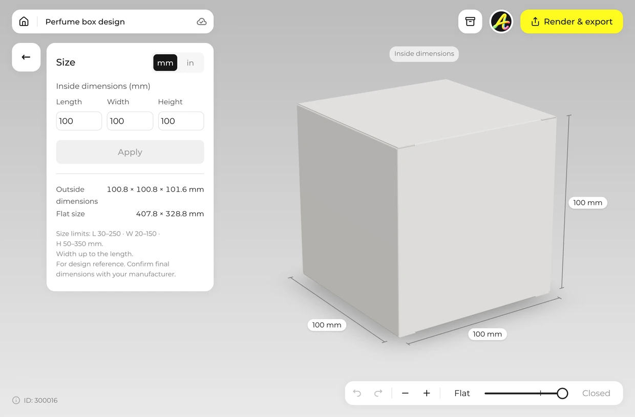 Size panel of the 3D editor with a cube box 100 mm each way