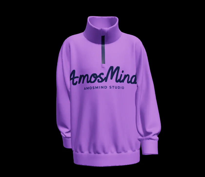Lavender stand-collar half-zip sweatshirt mockup with AmosMind chest artwork