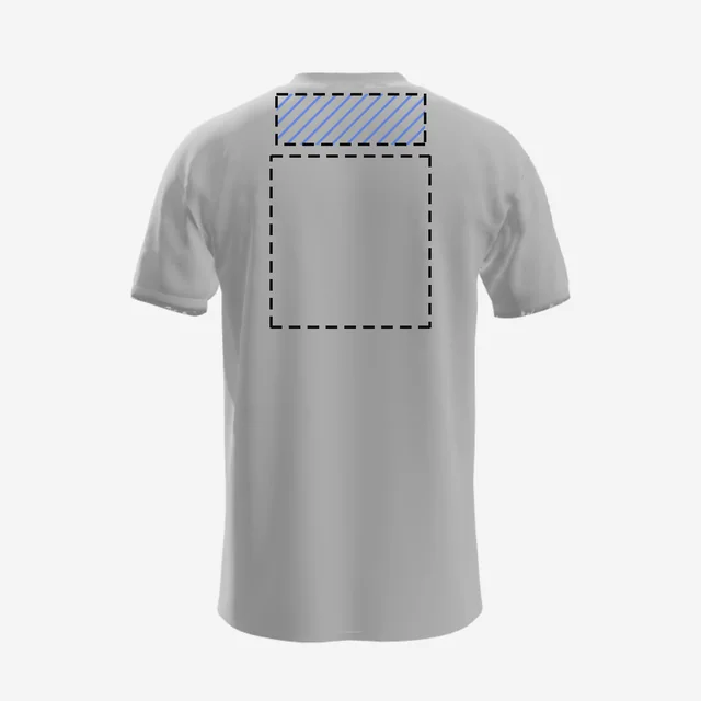 The back of a white T-shirt with the band under the collar hatched and a print box below it