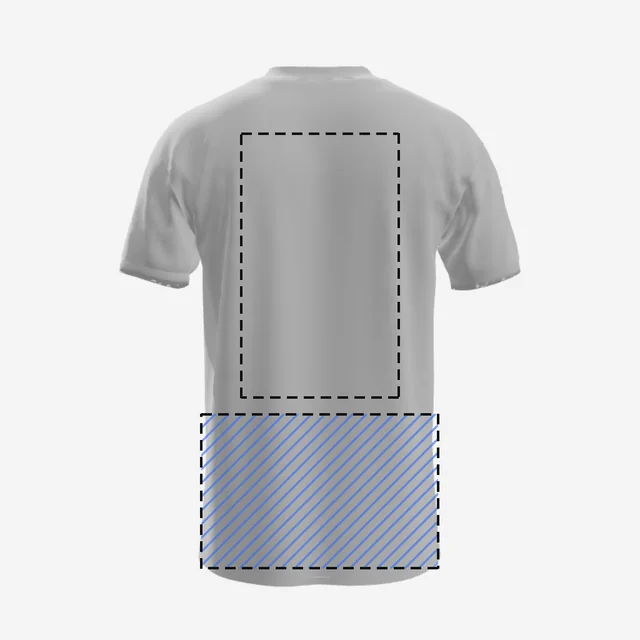 The back of a white T-shirt with its lower third hatched and a print box above it