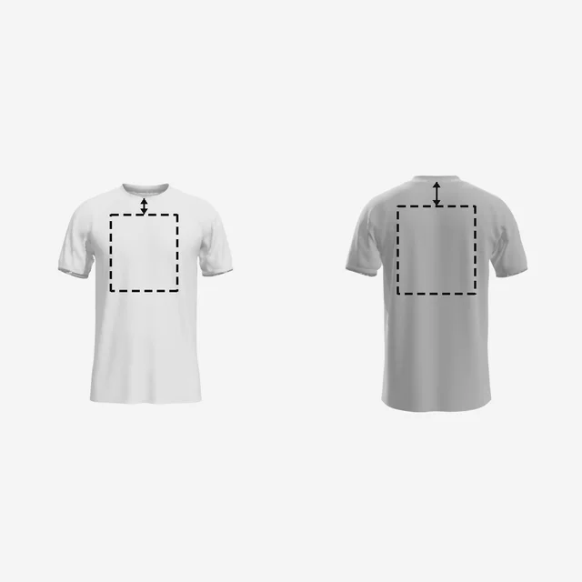 A front print box and a larger, lower back print box drawn on a white T-shirt