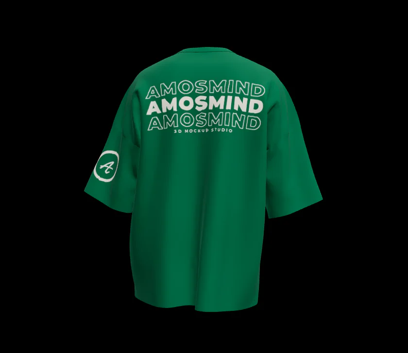 The back of an oversized drop-shoulder T-shirt mockup in deep green with three rows of AMOSMIND across the shoulders