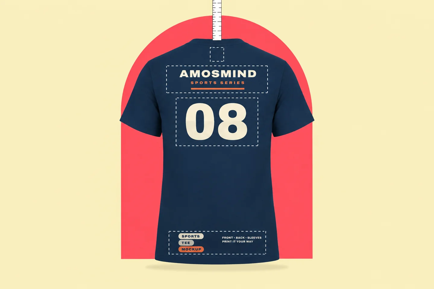 The back of a navy sports T-shirt with dashed guides marking four print positions, and a ruler beside it