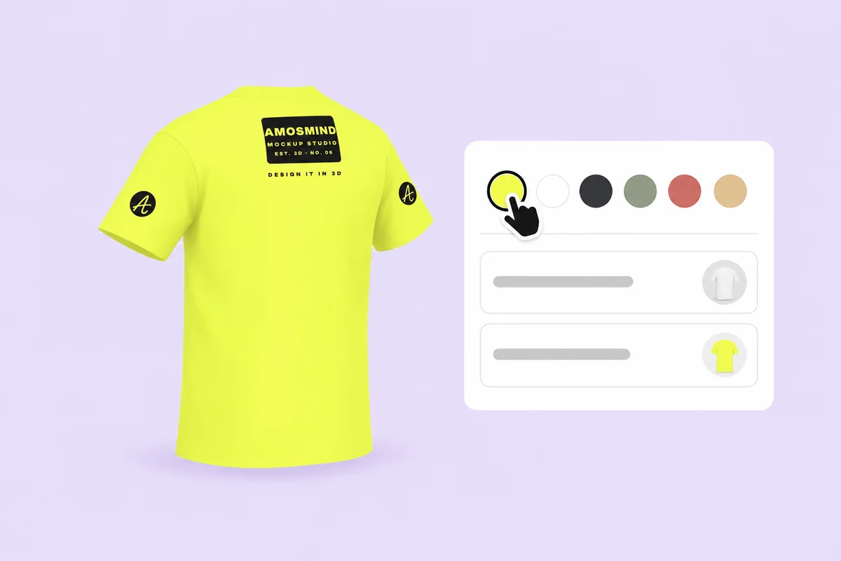The yellow T-shirt seen from behind at an angle, beside the garment color panel