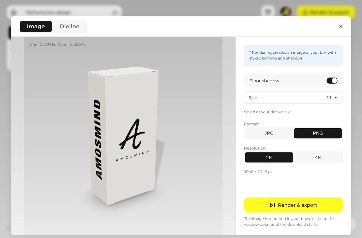 Render and export dialog with a white perfume box