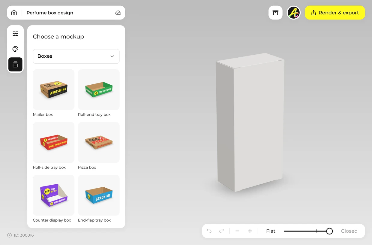 White perfume box chosen from the mockup list of the 3D editor