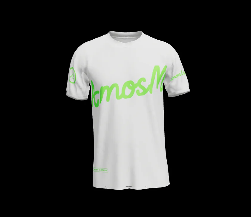 White classic crew-neck T-shirt mockup with a large neon green AmosMind script print