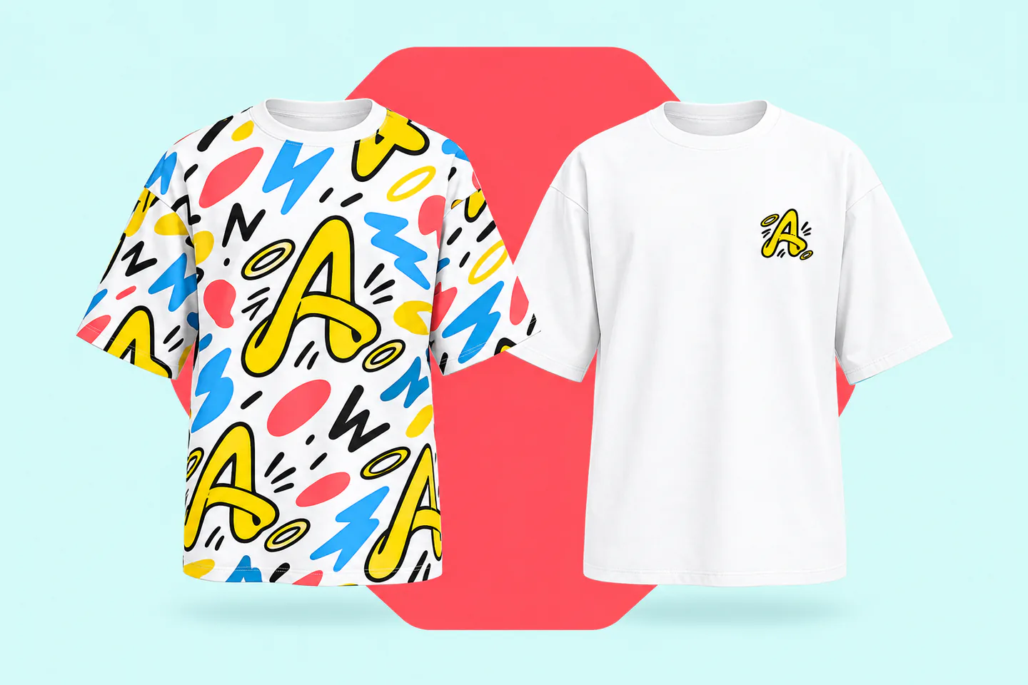 An all-over sublimation print on a white polyester T-shirt next to a small DTG chest print on white cotton