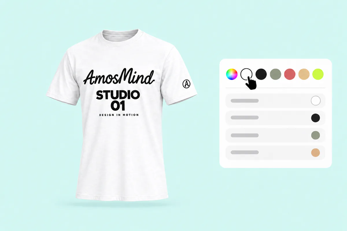 The white T-shirt with its artwork beside the garment color panel